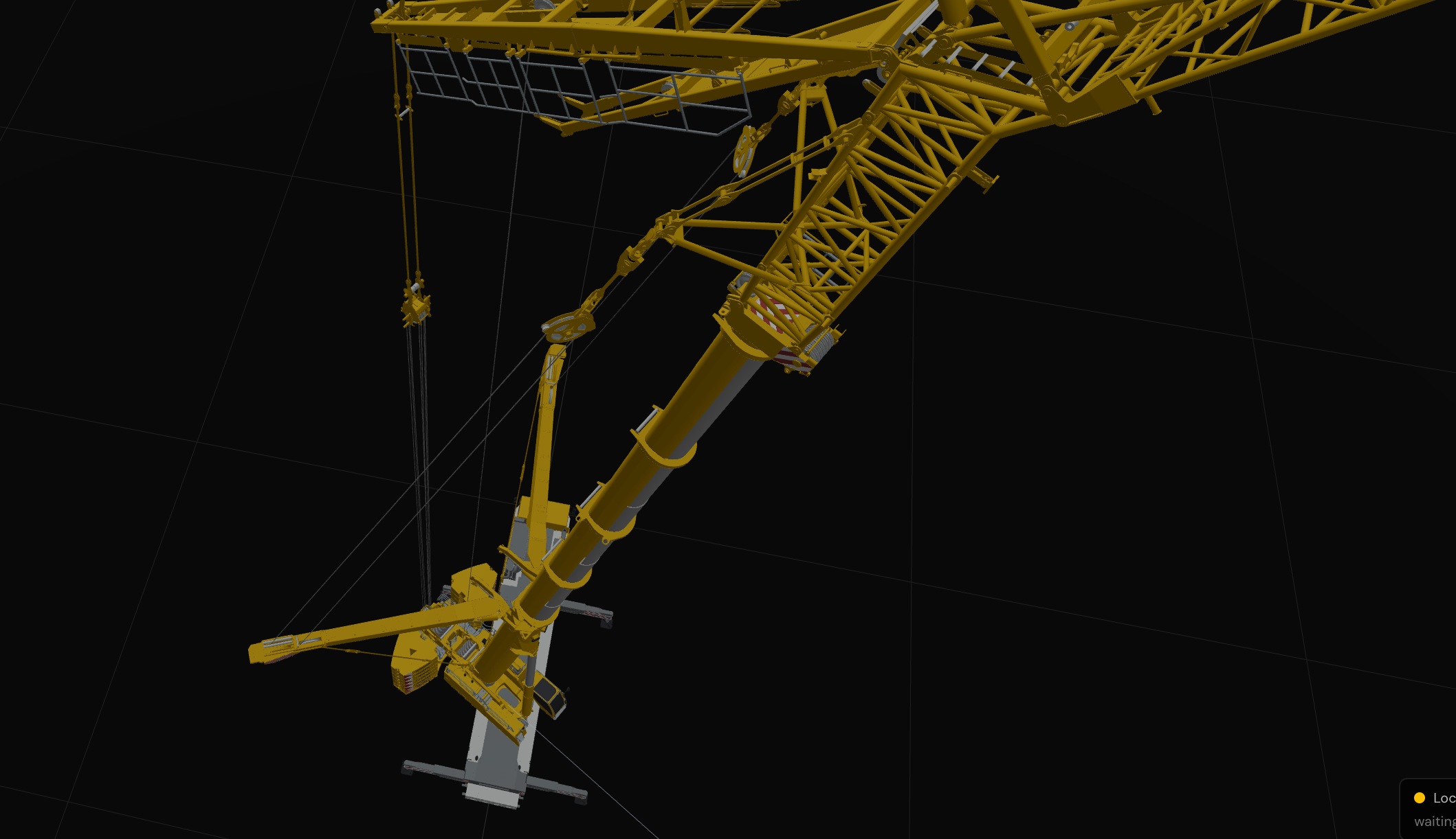 VisualQuip planner screenshot showing a yellow luffing crane model with hook block and hoist ropes in a dark 3D workspace